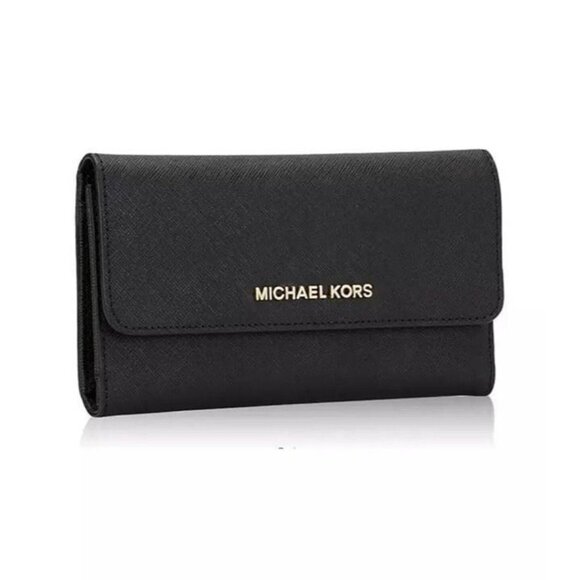 Michael Kors wallet trifold large card case wallet black with gold hardware - Picture 2 of 5